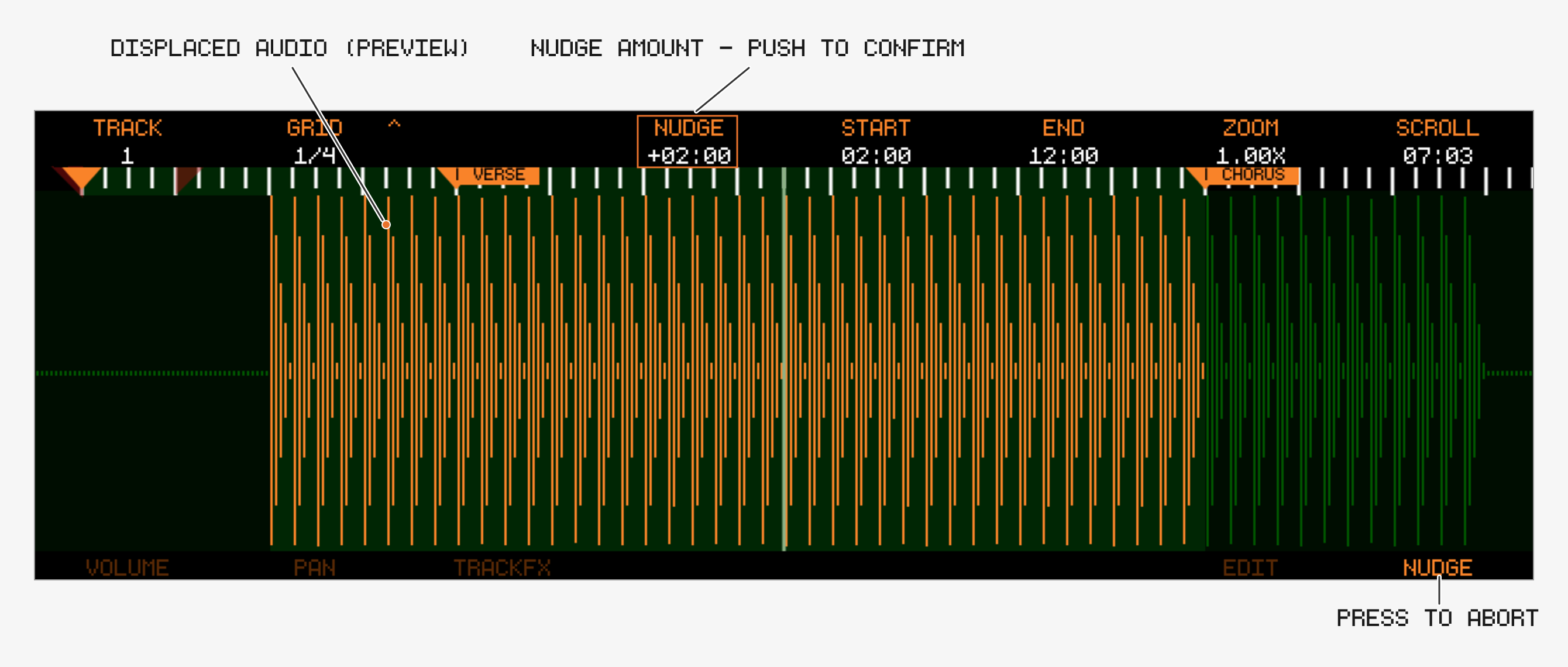 Nudge editing with a displaced audio preview and the NUDGE amount highlighted